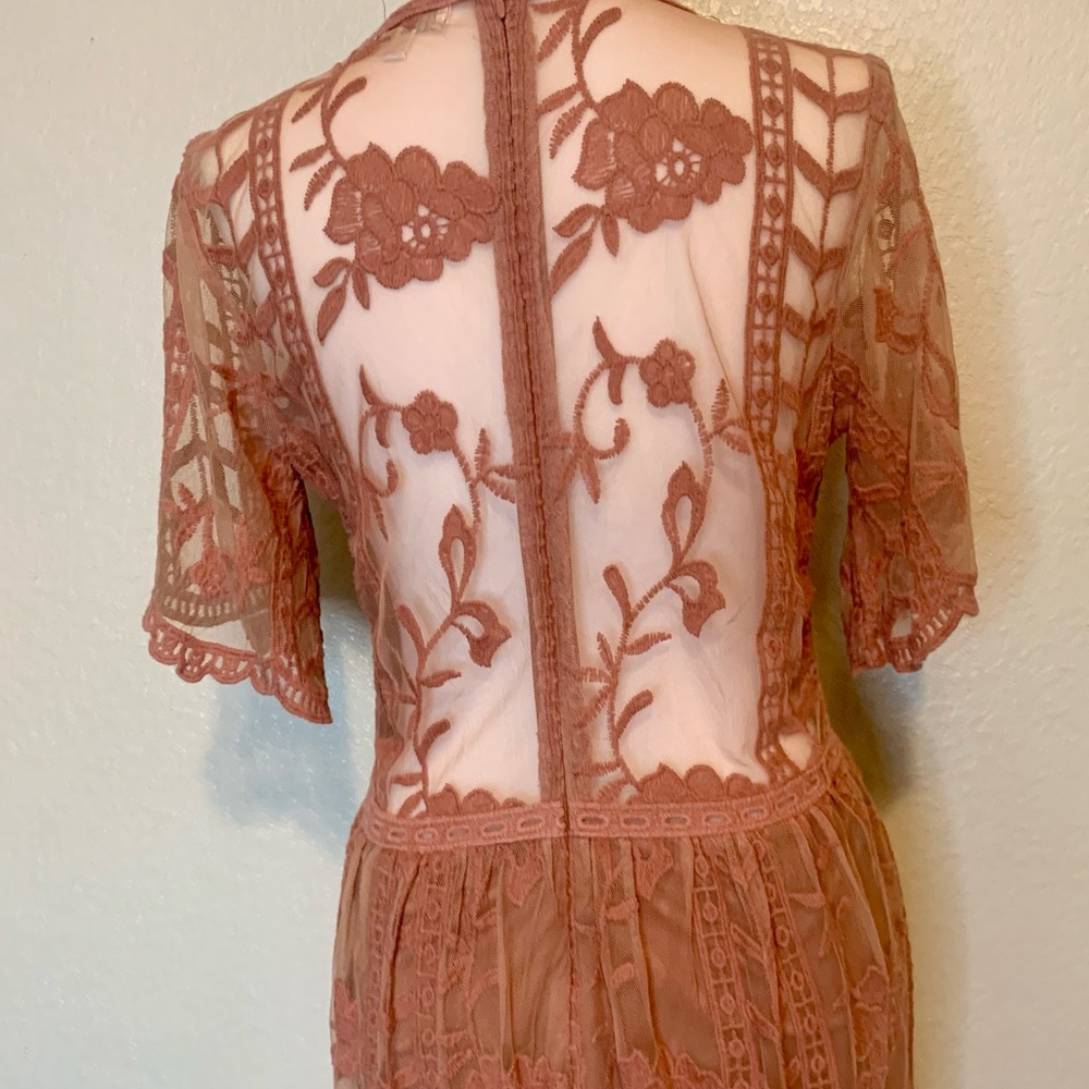 Socialite Nordstrom Lace Overlay Romper Boho Maxi Dress Dusty Pink Size Large - Picture 9 of 16